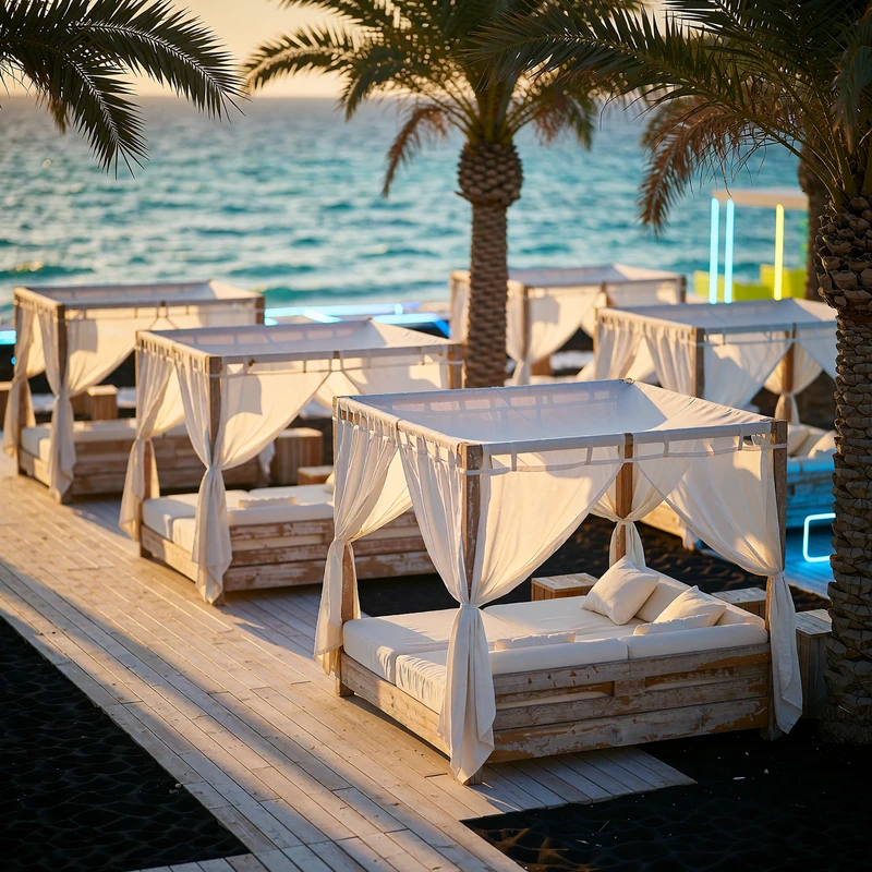 Upscale beach club with white canopy daybeds facing a turquoise sea, illustrating toy boy dating