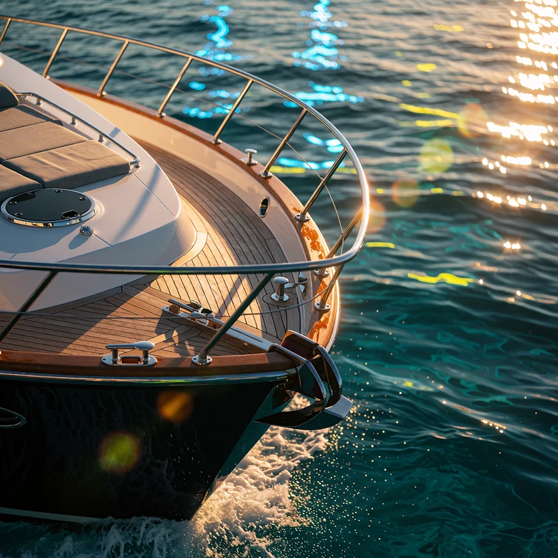 Teak bow of a luxury yacht cutting through turquoise water at golden hour, illustrating sugar mama dating