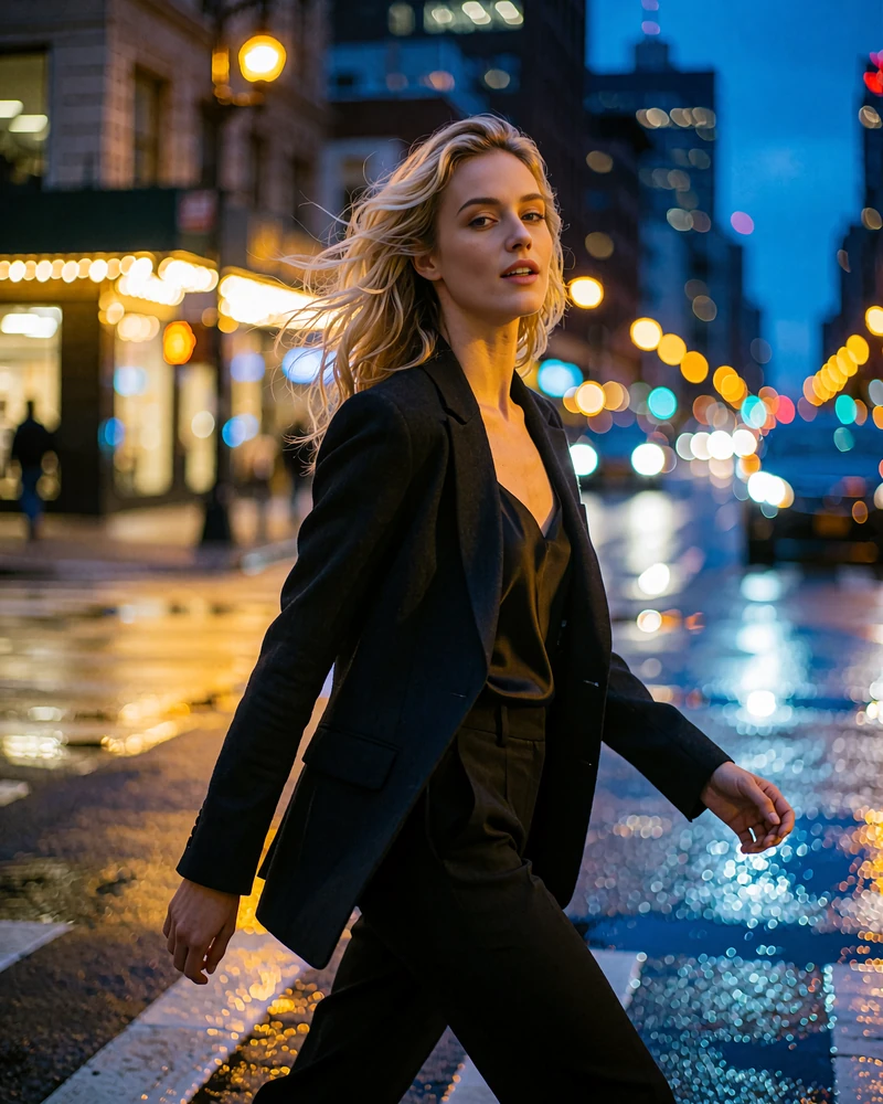 Blonde woman in a tailored black blazer crossing a downtown street at dusk, an example verified member profile photo