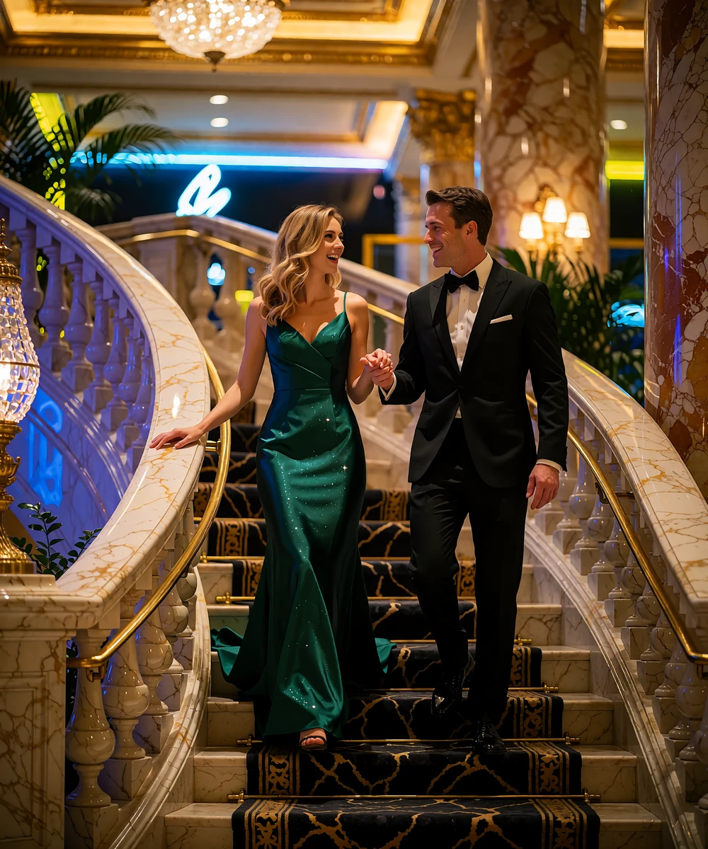 Elegant couple in black-tie attire laughing as they descend a grand marble staircase in a luxury hotel