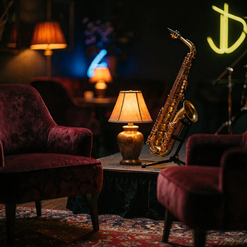 Intimate jazz lounge with velvet armchairs and a brass saxophone, illustrating cougar dating