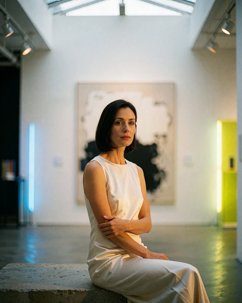Woman in an ivory column dress standing in a modern art gallery, an example verified sugar dating profile photo