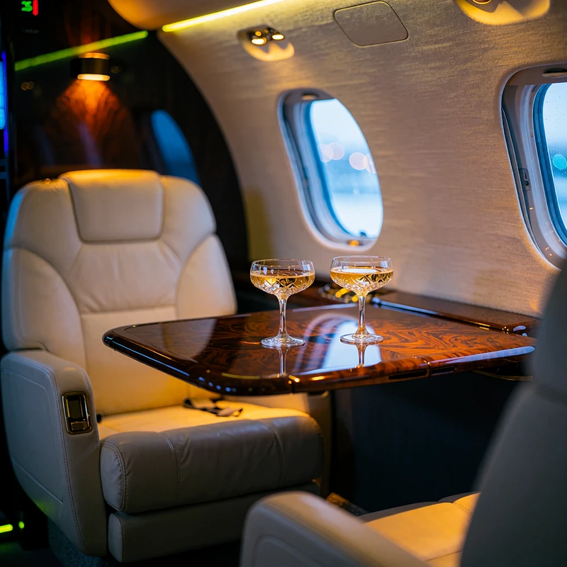 Private jet cabin with cream leather seats and champagne glasses, illustrating sugar daddy dating