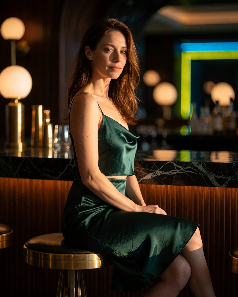 Woman in an emerald satin dress seated at a marble hotel bar, an example sugar dating member profile photo